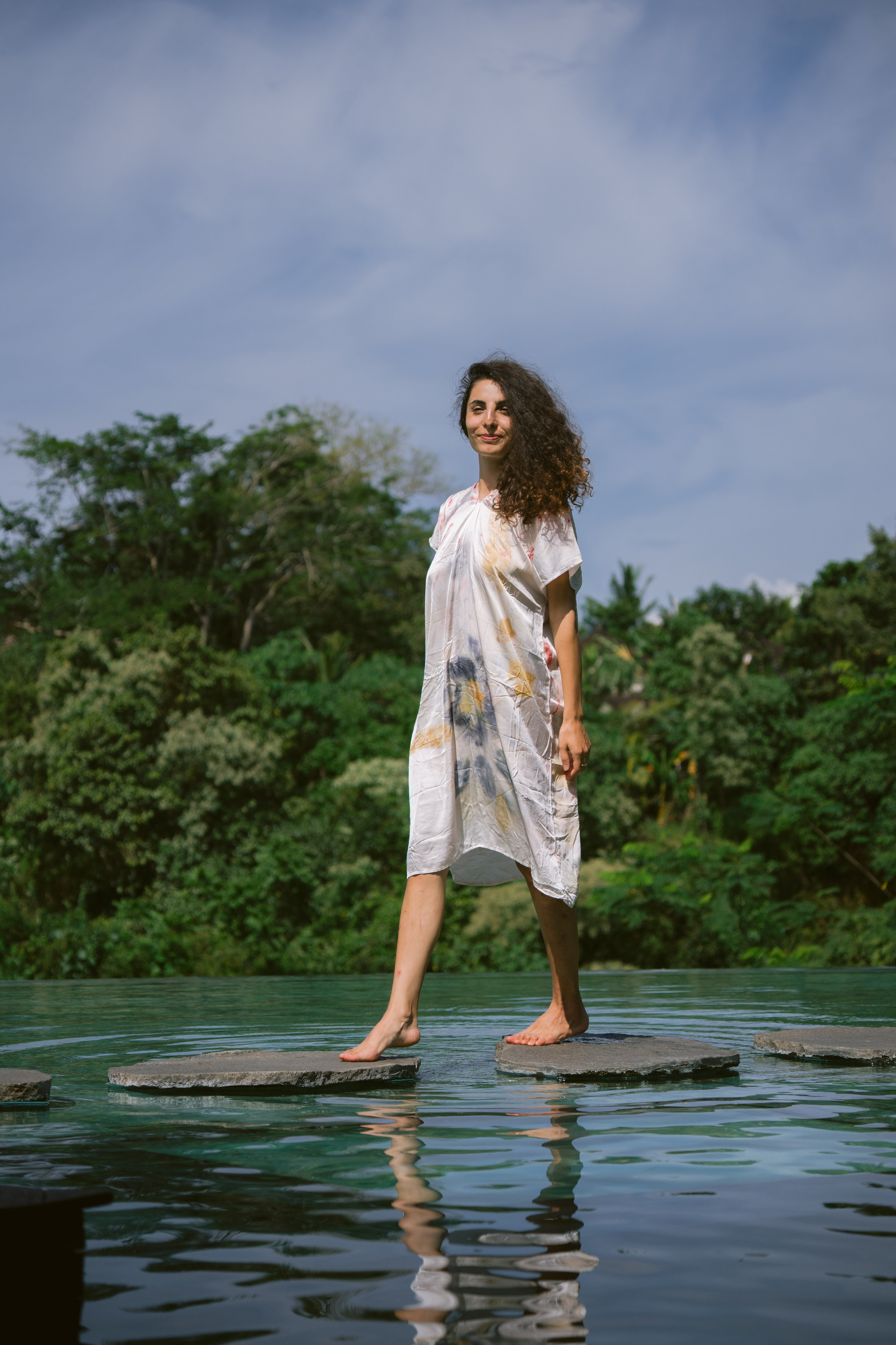 The Parvati – White, Red, Yellow & Blue Cotton Silk Eco Print Dress